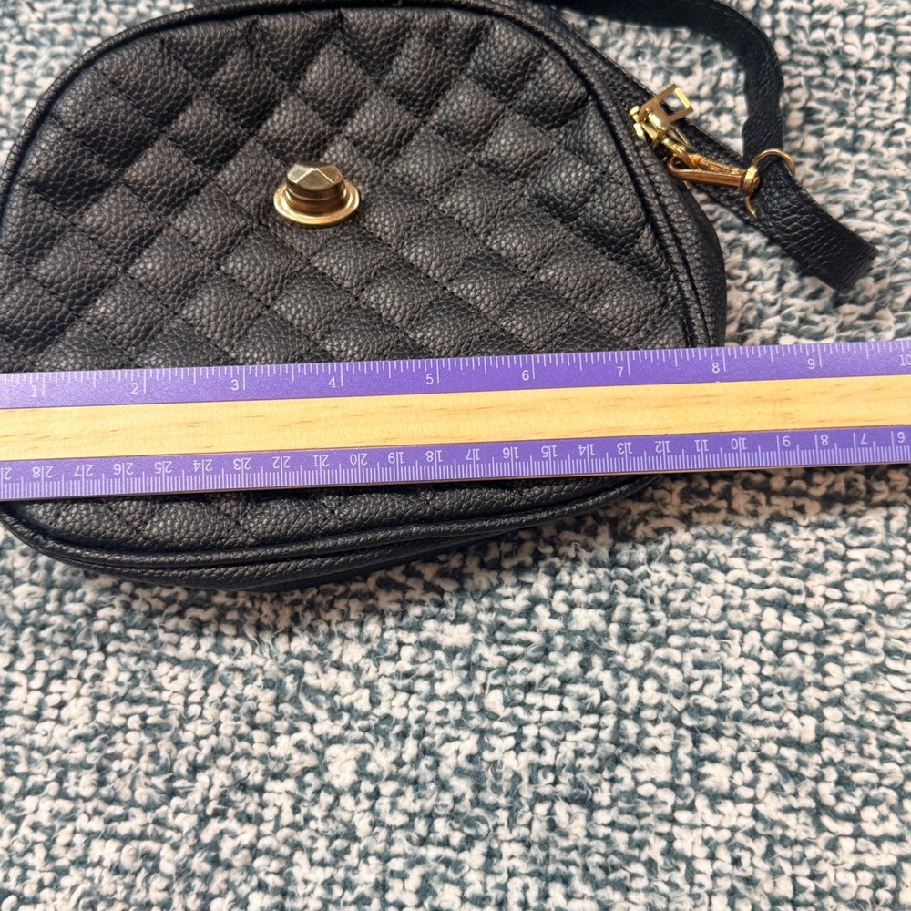 Black Quilted Crossbody Bag Gold Turn Lock Triple Zip Shoulder Purse - Picture 9 of 10